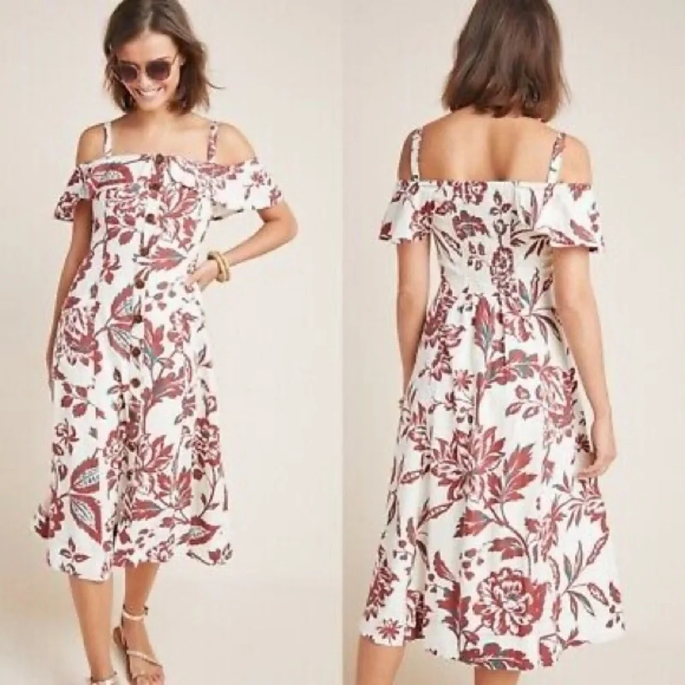 Anthropologie Oahu Floral Hawaiian Linen Off Shoulder Dress - Picture 2 of 7